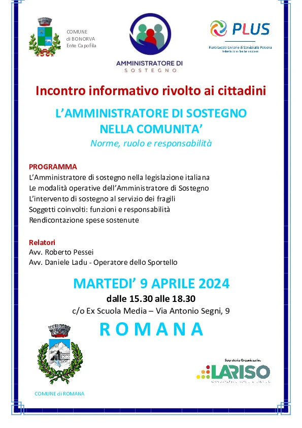 Incontro informativo rivolto ai cittadini  l’amministratore di sostegno  nella comunita’