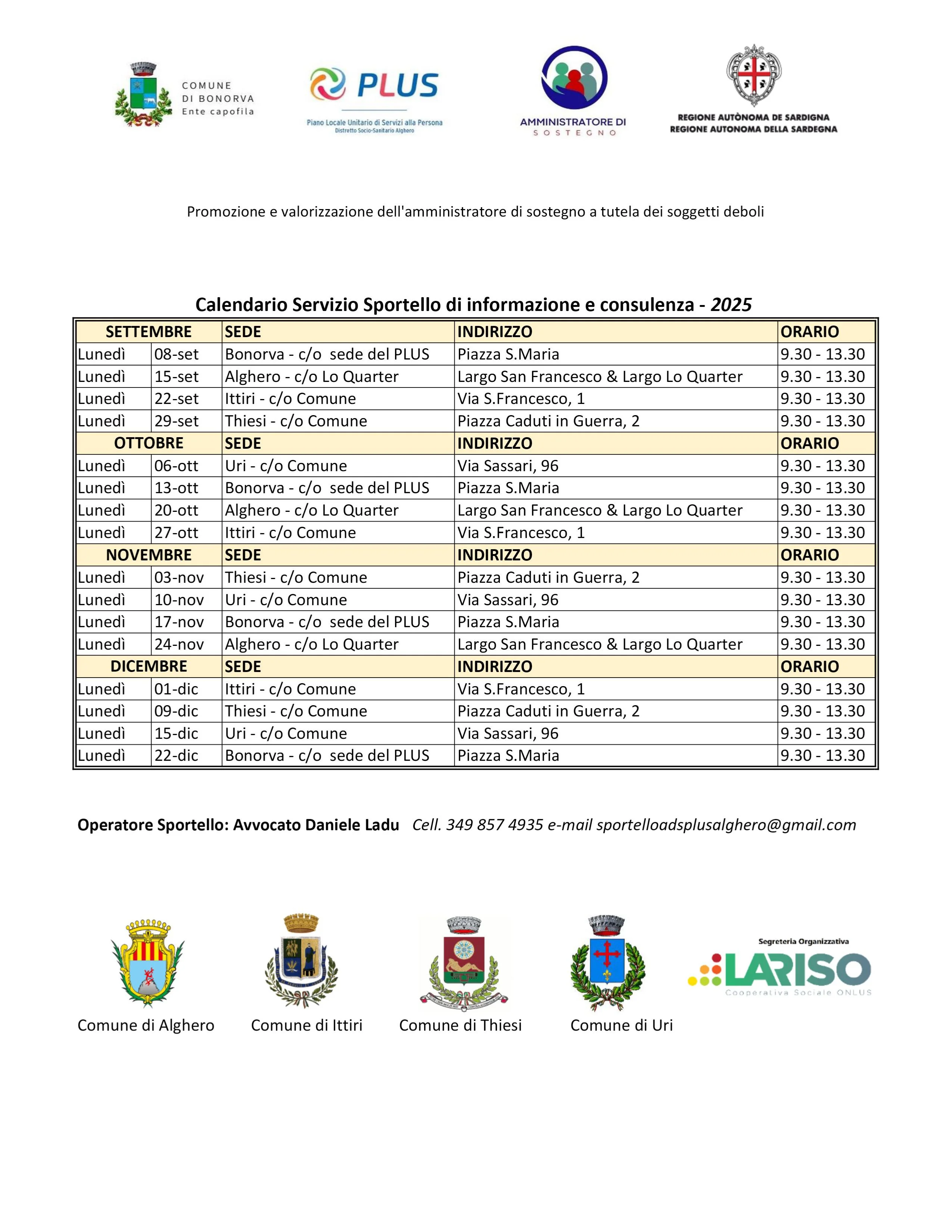 Calendario sportello di consulenza amministratori di sostegno