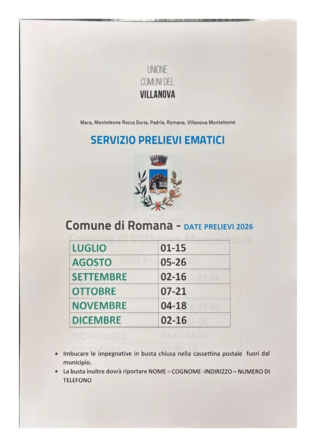 Servizio prelievi ematici comune di romana dal mese di gennaio al mese di giugno 2026