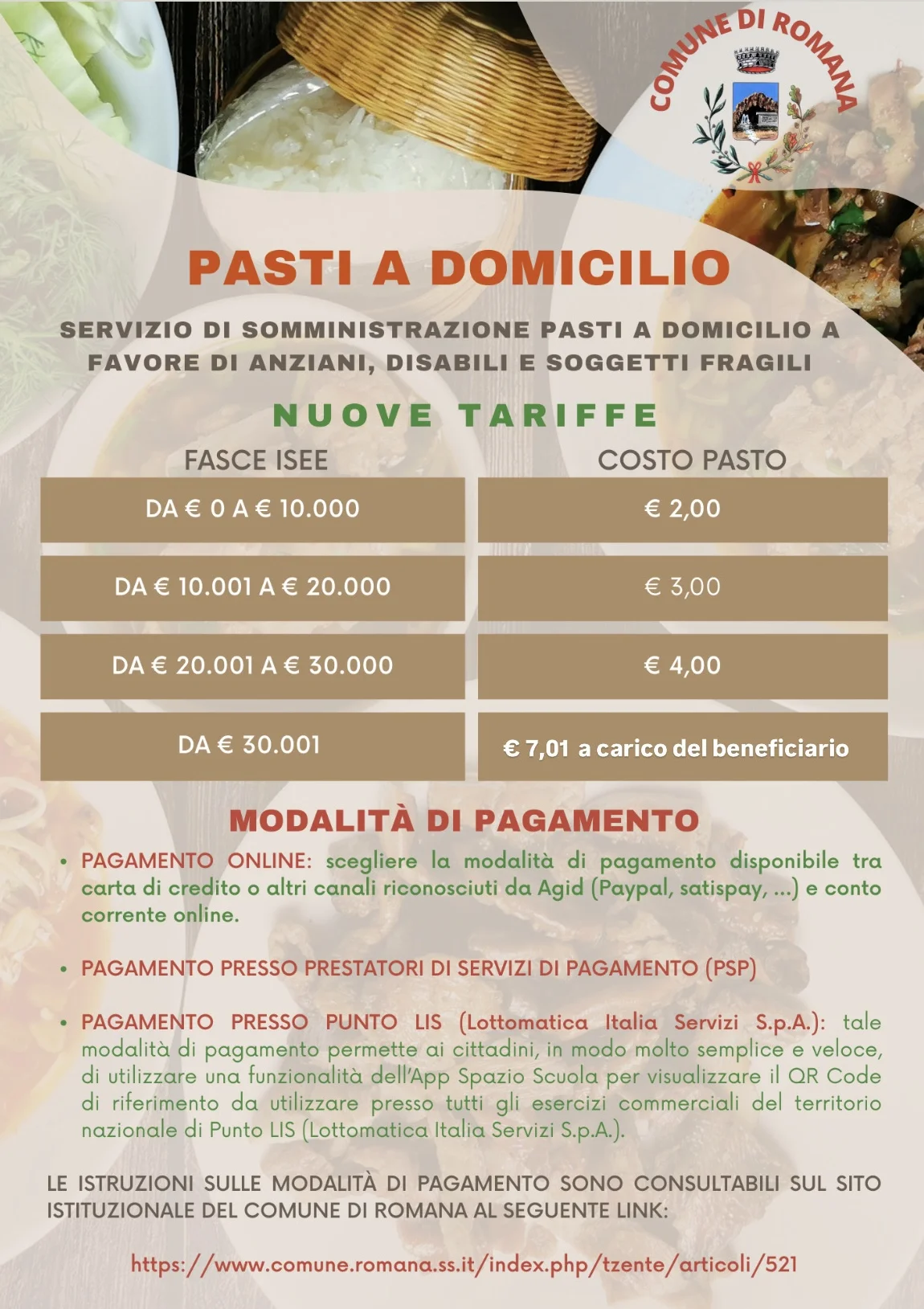 Pasti a domicilio - nuove tariffe
