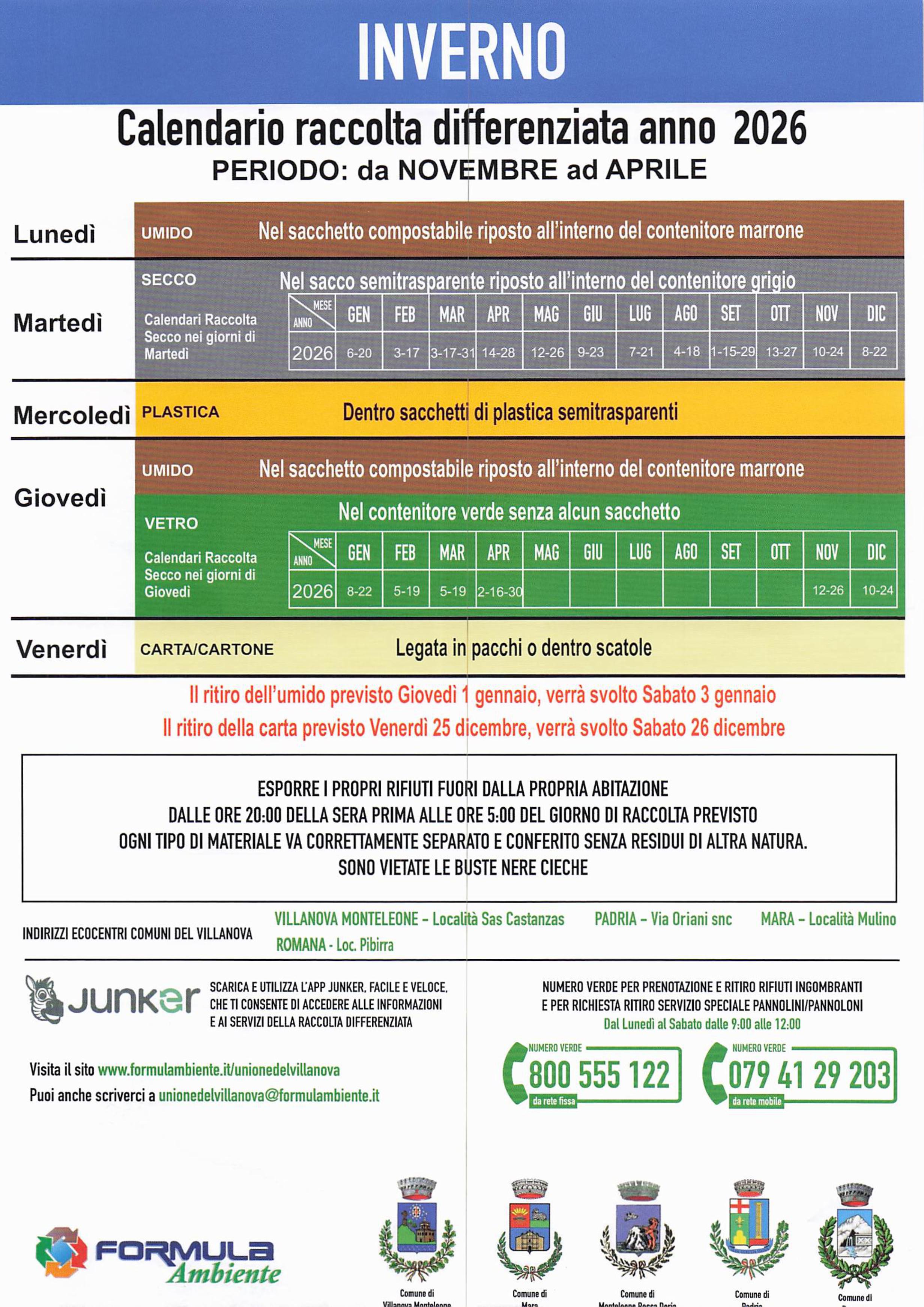 CALENDARIO DI RACCOLTA DIFFERENZIATA INVERNO - ESTATE 2026