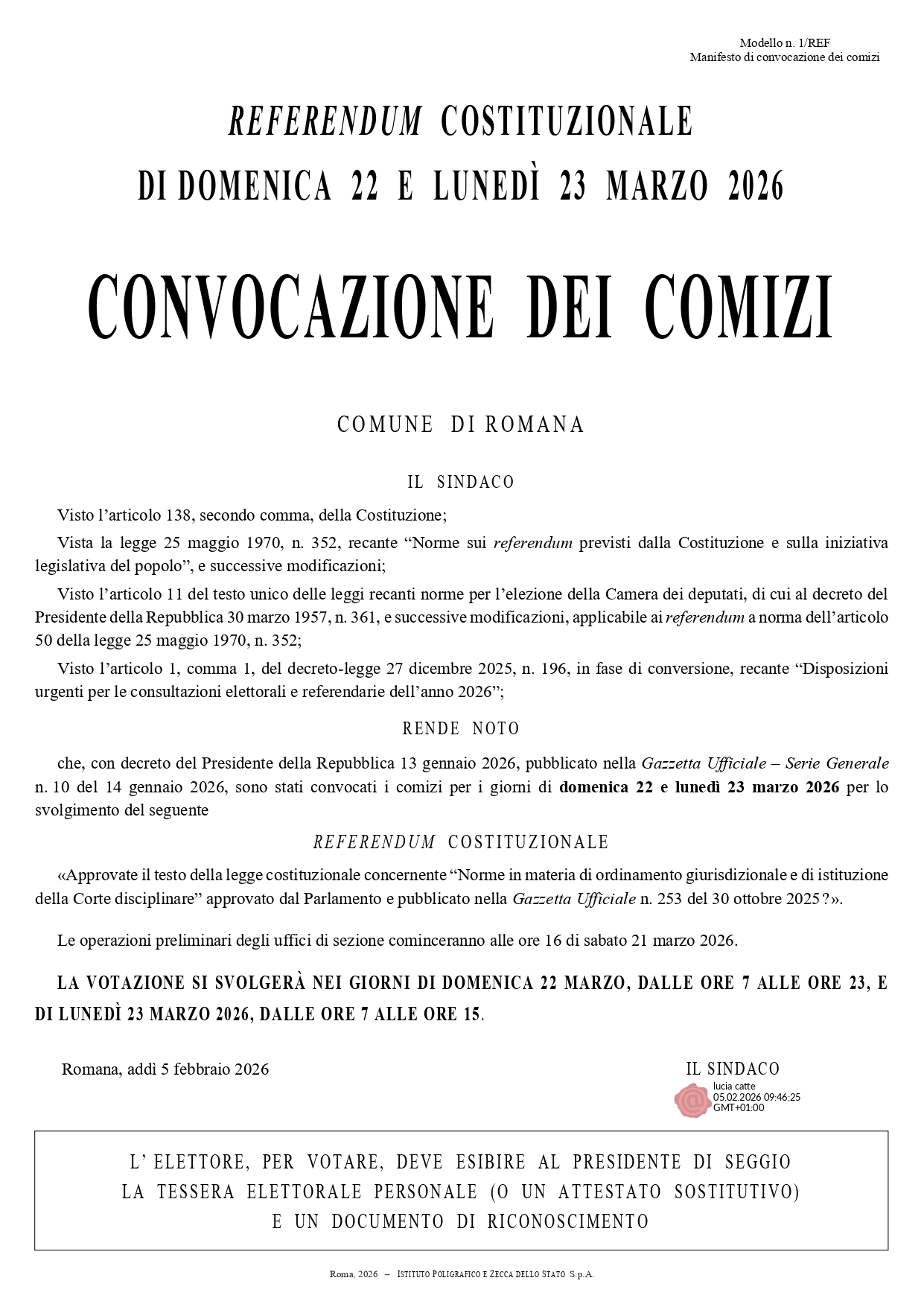 REFERENDUM COSTITUZIONALE DEL 22 E 23 MARZO 2026 - CONVOCAZIONE DEI COMIZI