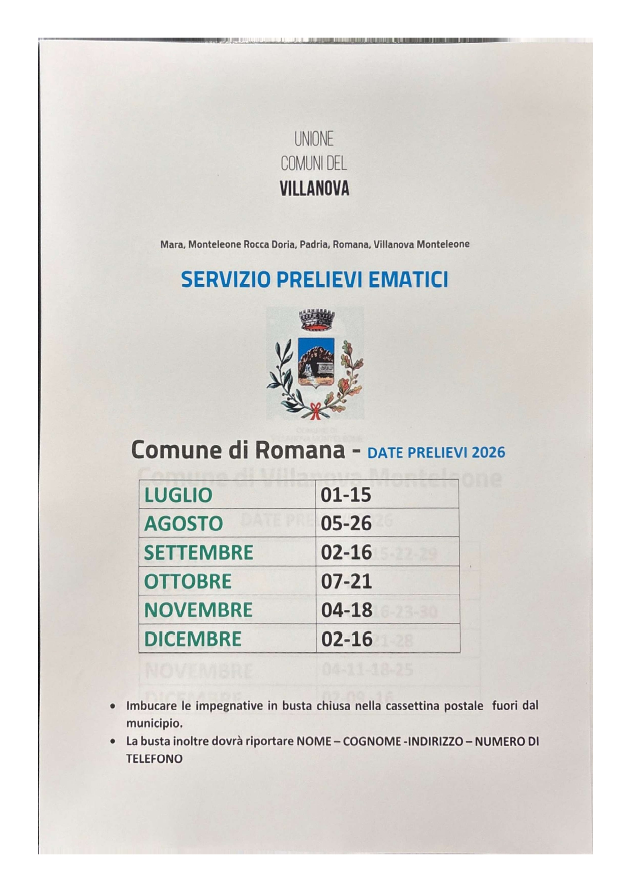 SERVIZIO PRELIEVI EMATICI COMUNE DI ROMANA DAL MESE DI GENNAIO AL MESE DI GIUGNO 2026
