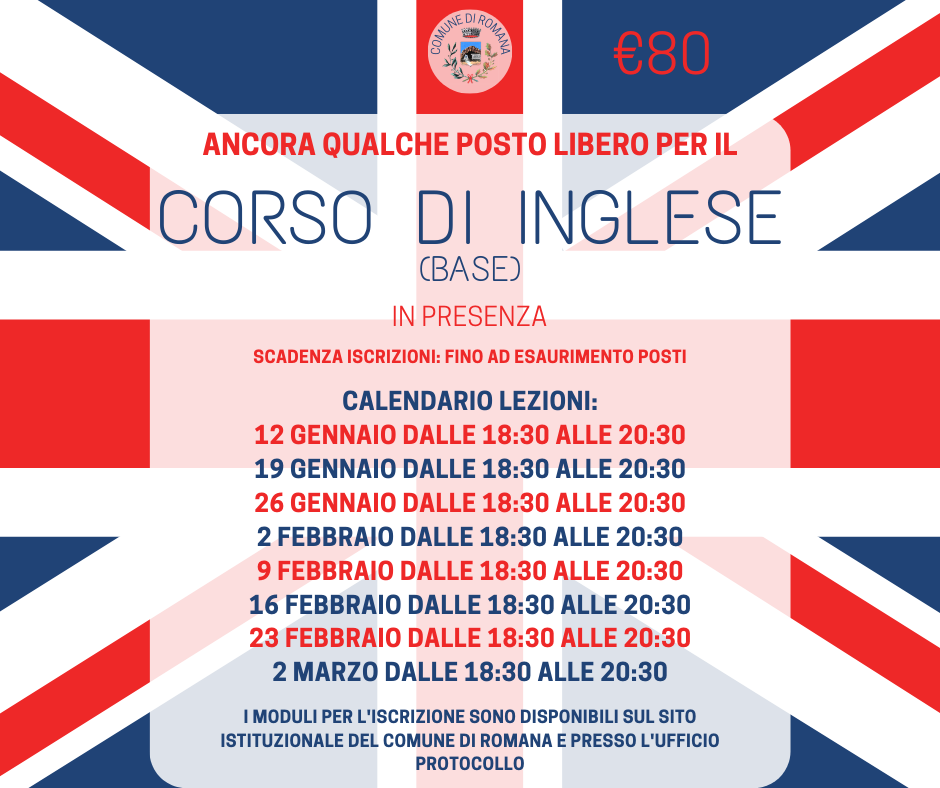 RIAPERTURA TERMINI ISCRIZIONE AL CORSO DI INGLESE BASE E CALENDARIO LEZIONI