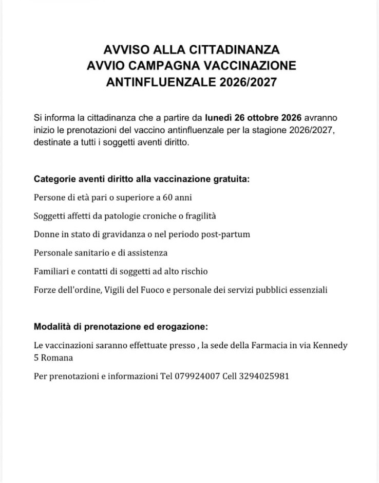 Al via le prenotazioni per la vaccinazione antinfluenzale 2026/2027